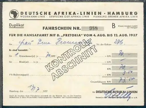 Fahrschein Nr. 388 für die Hansafahrt mit D. Pretoria 