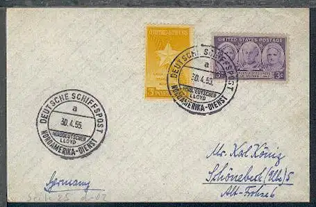 DSP NORDAMERIKA-DIENST a NDL 30.4.55 auf Bf. mit USA-Frankatur