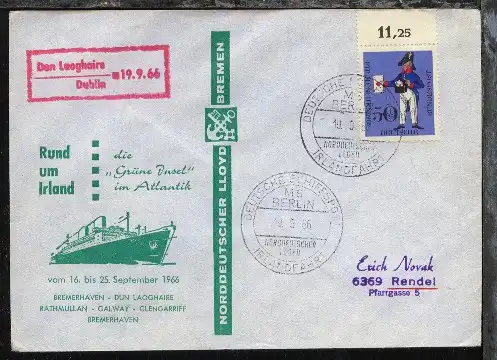 DSP IRLANDFAHRT MS BERLIN NDL 19.9.66 + Neben-Stpl. auf Sonder-Umschlag (016)