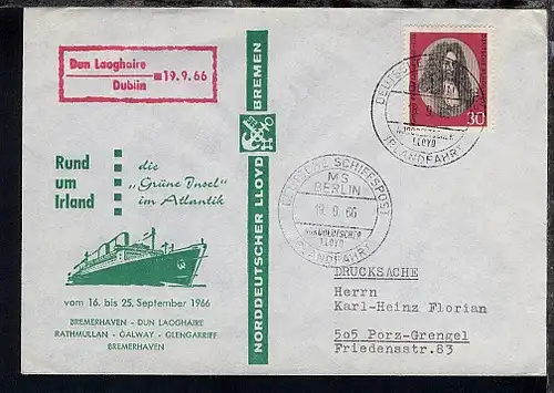DSP IRLANDFAHRT MS BERLIN NDL 19.9.66 + Neben-Stpl. auf Sonder-Umschlag (016)