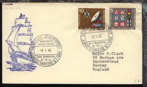 DSP JUNGFERNREISE 9.1.1966 BREMEN NEW YORK MS EUROPA NDL 9.1.66 + Cachet auf Bf.