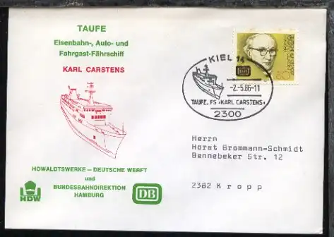 KIEL 14 TAUFE FS KARL CARSTENS 2.5.86 auf Sonder-Umschlag