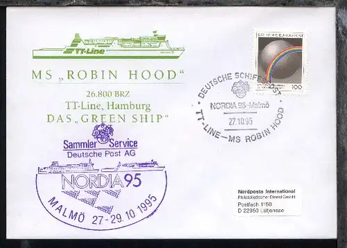 DSP TT-LINE-MS ROBIN HOOD NORDIA 95 MALMÖ 27.10.95 + Cachet auf Sonder-Umschlag