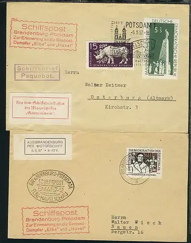 Elbe-Havel-Schau 1957 2 Belege mit SSt., Cachets + Vignetten MS Sonnenschein