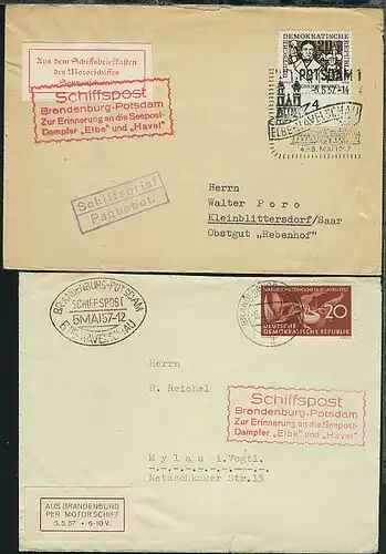 Elbe-Havel-Schau 1957 2 Belege mit SSt., Cachets + Vignetten MS Sonnenschein