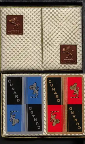 Romme-Spiel der Cunard-Line im Schmuckkästchen mit Reederei-Wappen