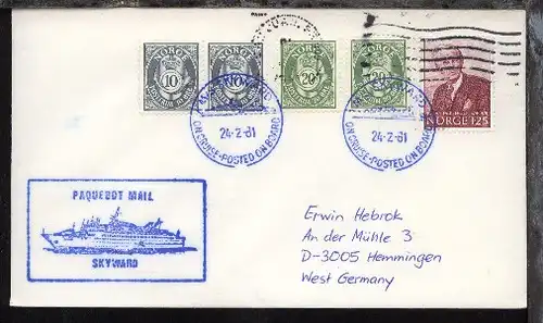 MS SKYWARD ON CRUISE POSTED ON BOARD 24.2.81 + Cachet auf Bf.