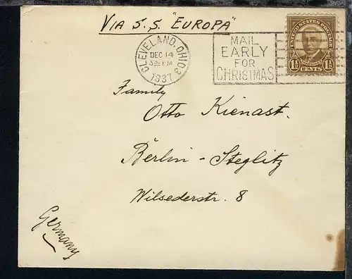 hs Leitvermerk VIA SS Europa auf Bf. ab Cleveland DEC 14 1937 nach Berlin
