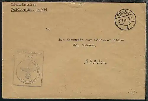OSt. Pillau 10.11.39 + stummer-BfSt. auf Dienst-Bf., Abs.-Ang. 01936 