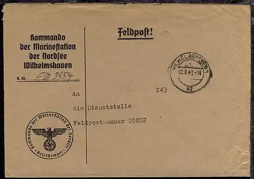 OSt. Wilhelmshaven 02.9.43 + Abs.-Druck + BfSt. Kommando der Marinestation