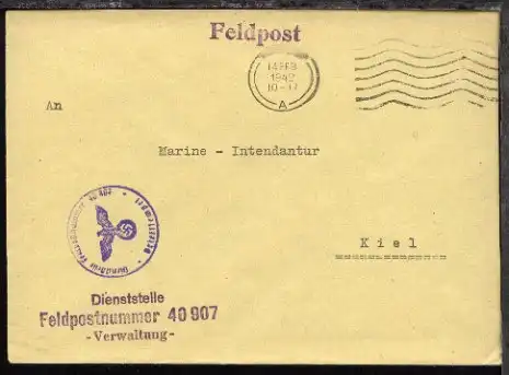 Maschinen-Halb-Stpl. 14 FEB 1942 + Dienststellen-L3 + BfSt. 40907