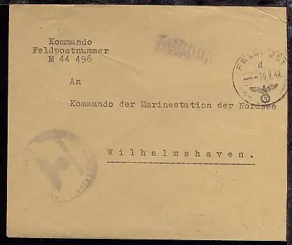 FP d 26.2.42 + undeutl. BfSt. auf Dienst-Bf., Abs.-Ang. M 44496