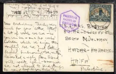 1941 AK aus Südafrika nach Haifa/Palästina mit Zensur-Stpl. 