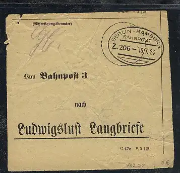 BERLIN-HAMBURG Z. 206 16.7.24 auf Briefbundzettel