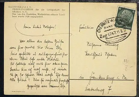 CHEMNITZ-AUE-ADORF Zug 1747 11.8.37 auf AK (Rautenkranz Erholungsheim)