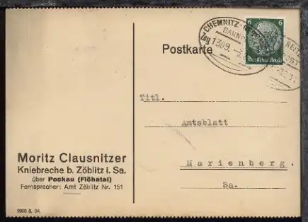 CHEMNITZ-NEUHAUSEN Zug 1309 3.2.36 auf Firmen-PK