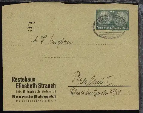 GLATZ-DITTERSBACH Z. 555 27.5.38 auf Firmen-Bf. (Elisabeth Strauch, Neurode), 