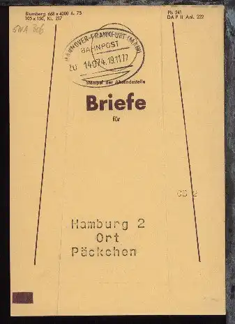 HANNOVER-FRANKFURT (MAIN) ZUG 14074 19.11.77 auf Beutelfahne
