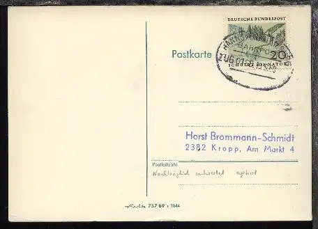 HANNOVER-HAMBURG ZUG 0168 19.9.69 auf PK, Nachträglich entwertet aptiert