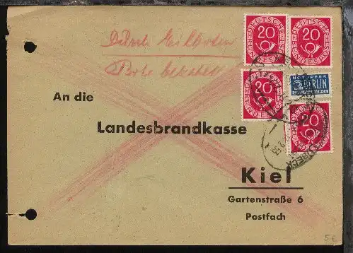KIEL-LÜBECK Z. 1107 14.2.53 auf Antwort-Bf. der Landesbrandkasse Kiel 