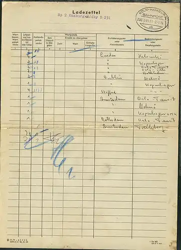 KÖLN-HAMBURG ab ZUG 00533 2.1.74 auf Ladezettel