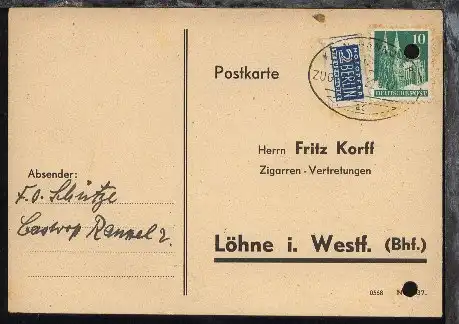 KÖLN-HANNOVER ac ZUG 0679 22.4.47 auf PK, Kte Aktenlochung