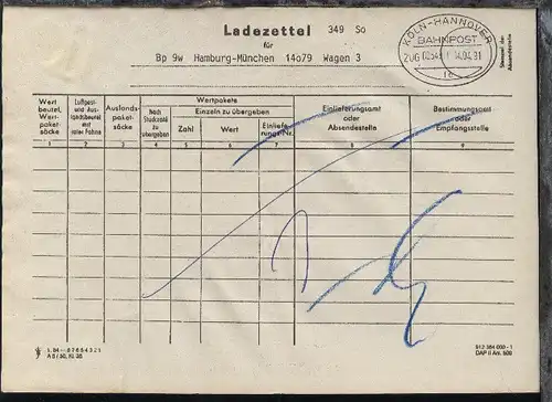 KÖLN-HANNOVER fe ZUG 00349 14.04.91 auf Ladezettel