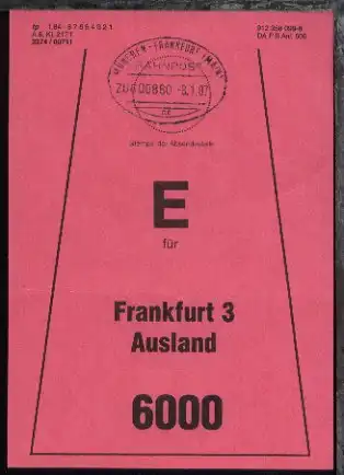 MÜNCHEN-FRANKFURT (MAIN) ac ZUG 00880 8.1.87 auf Beutelfahne