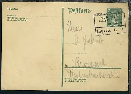 MÜNCHEN SAALFELD BAHNPOST Zug 169 11.1.27 auf GSK