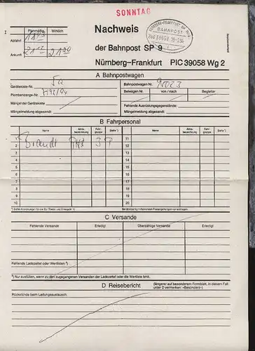 NÜRNBERG-FRANKFURT AM MAIN i ZUG 39058 10.3.96 auf Nachweis-Zettel