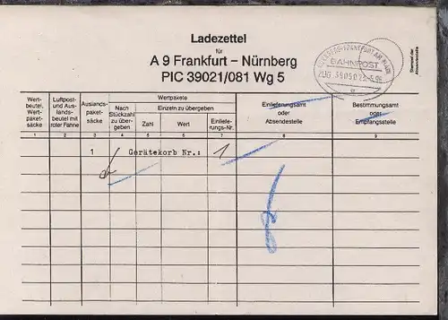 NÜRNBERG-FRANKFURT AM MAIN w ZUG 39050 23.5.95 auf Ladezettel