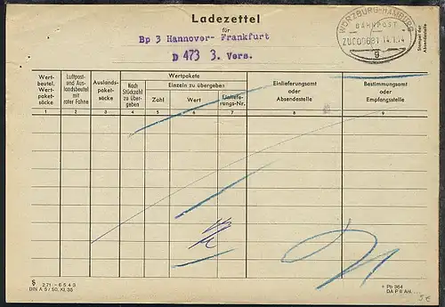 WÜRZBURG-HAMBURG g ZUG 00681 14.1.74 auf Ladezettel