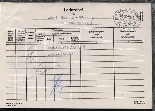WÜRZBURG-HAMBURG af ZUG 39070 16.3.96 auf Ladezettel