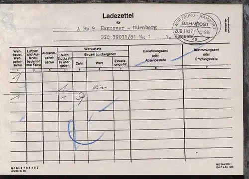 WÜRZBURG-HAMBURG ag ZUG 39071 5.3.96 auf Ladezettel