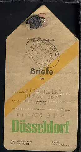 NÜRNBERG-COBURG a 0863-01/05 6.8.73 auf Briefbeutel-Anhänger 