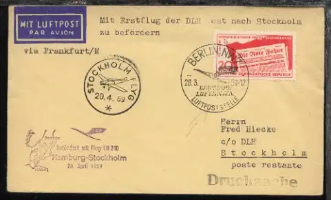 Lufthansa-Erstflug-Bf. Hamburg-Stockholm 20.4.1959 Zuleitung aus der DDR