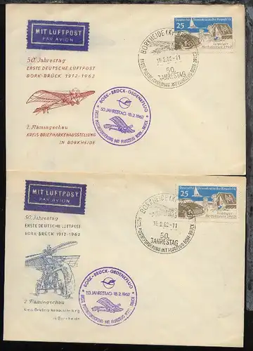 Bork-Brück-Gedenkflug 18.2.1962 2 verschiedene Sonder-Umschläge (ohne Anschrift)