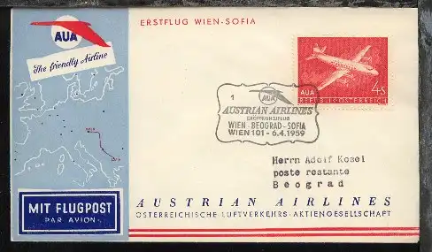 Österreich AUA-Erstflug-Bf. Wien-Belgrad 6.4.1959