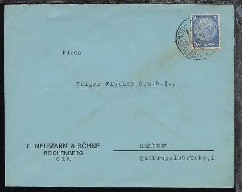 OSt. REICHENBERG 3 4b 26.X.38 auf Firmen-Bf. (C. Neumann & Söhne, Reichenberg)