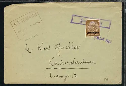 3 Pfg. auf Bf. mit R1 Schalbach + Datum-L1 3.Juli 1942 nach Kaiserslautern