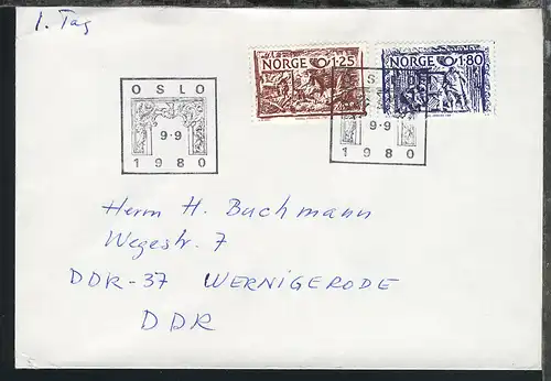 Norwegen 1975/83 9 verschiedene FDC, 2x ohne Anschrift, 7x nach Wernigerode/DDR