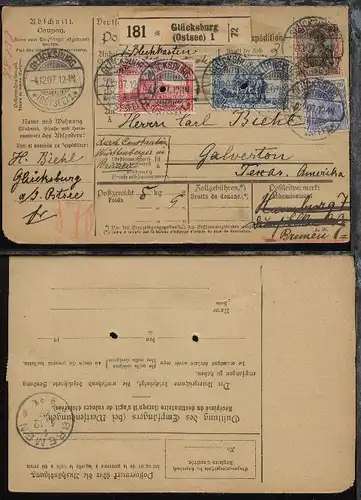 Germania 20 Pfg., 50 Pfg., 1 Mark und 2 Mark auf Paketkarte ab Glücksburg 