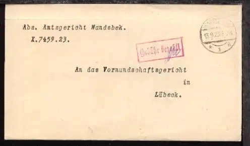 Hamburg OSt. WANDSBEK *1a 13.9.23 + roter R1 Gebühr bezahlt auf Dienst-Bf. 