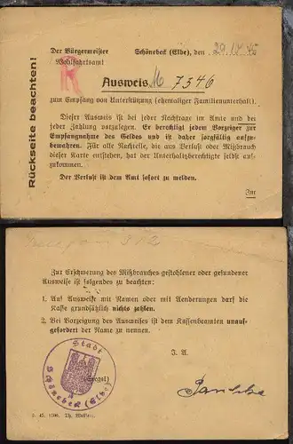 Schönebeck 1945 Ausweis zum Empfang von Unterstützung 