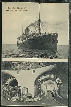 Dampfer Cap Finisterre über dem Elbtunnel, 1912