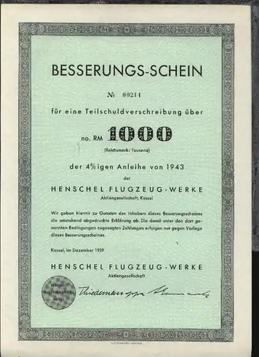 1959 Henschel Flugzeug-Werke AG Kassel Besserungs-Schein für eine 