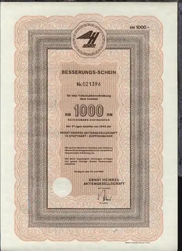1962 Ernst Heinkel AG Stuttgart-Zuffenhausen Besserungs-Schein für eine 