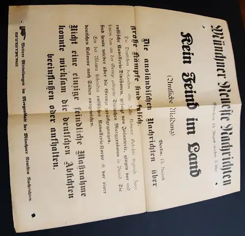 15.8.1914 Plakat (34 x 40 cm) der Münchner Neuste Nachrichten: