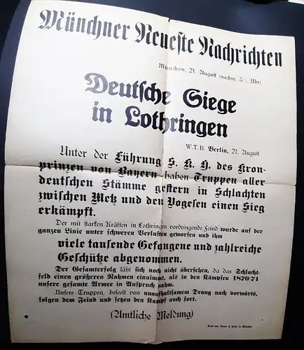 21.8.1914 Plakat (34 x 40 cm) der Münchner Neuste Nachrichten: