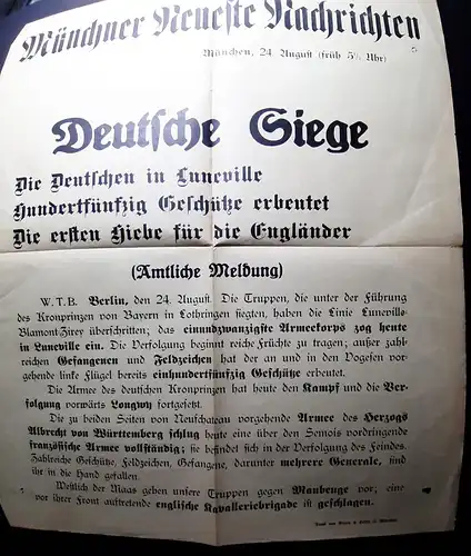 24.8.1914 Plakat (34 x 40 cm) der Münchner Neuste Nachrichten: Deutsche Siege,